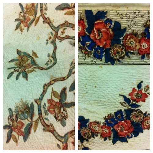  Made around 1840, this is an applique quilt with roller-printed cotton chintz. It has a plain cotton background with an applied border consisting of a floral meander. Another floral meander is in the center of the quilt, in a “Tree of Life” design. 