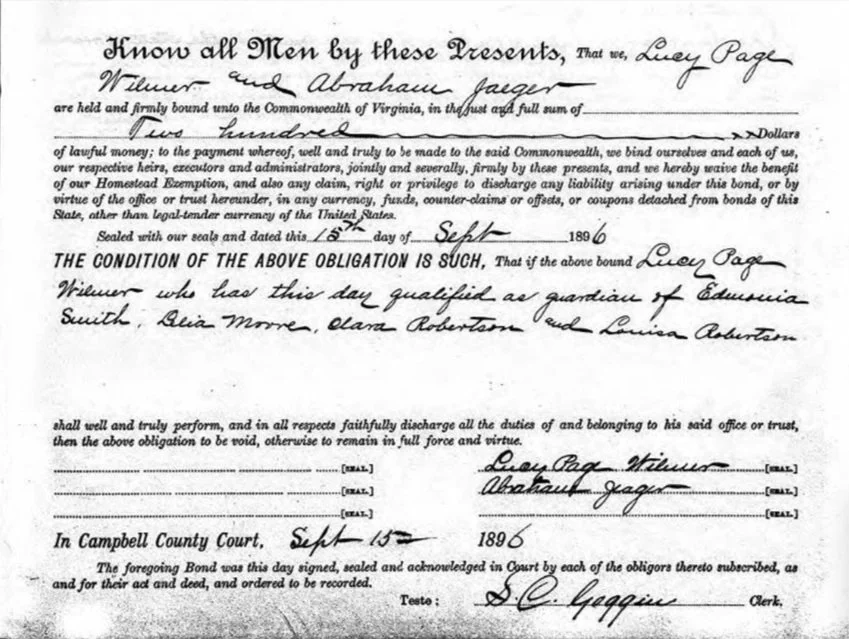 This contract grants Jaeger guardianship of orphans Edmonia Smith, Delia Moore, Clara Robertson, and Louisa Robertson. 1896, courtesy of Ancestry/