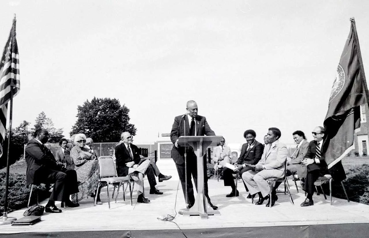  Seay speaking in front of Dunbar, 1981. Courtesy of The News and Advance 