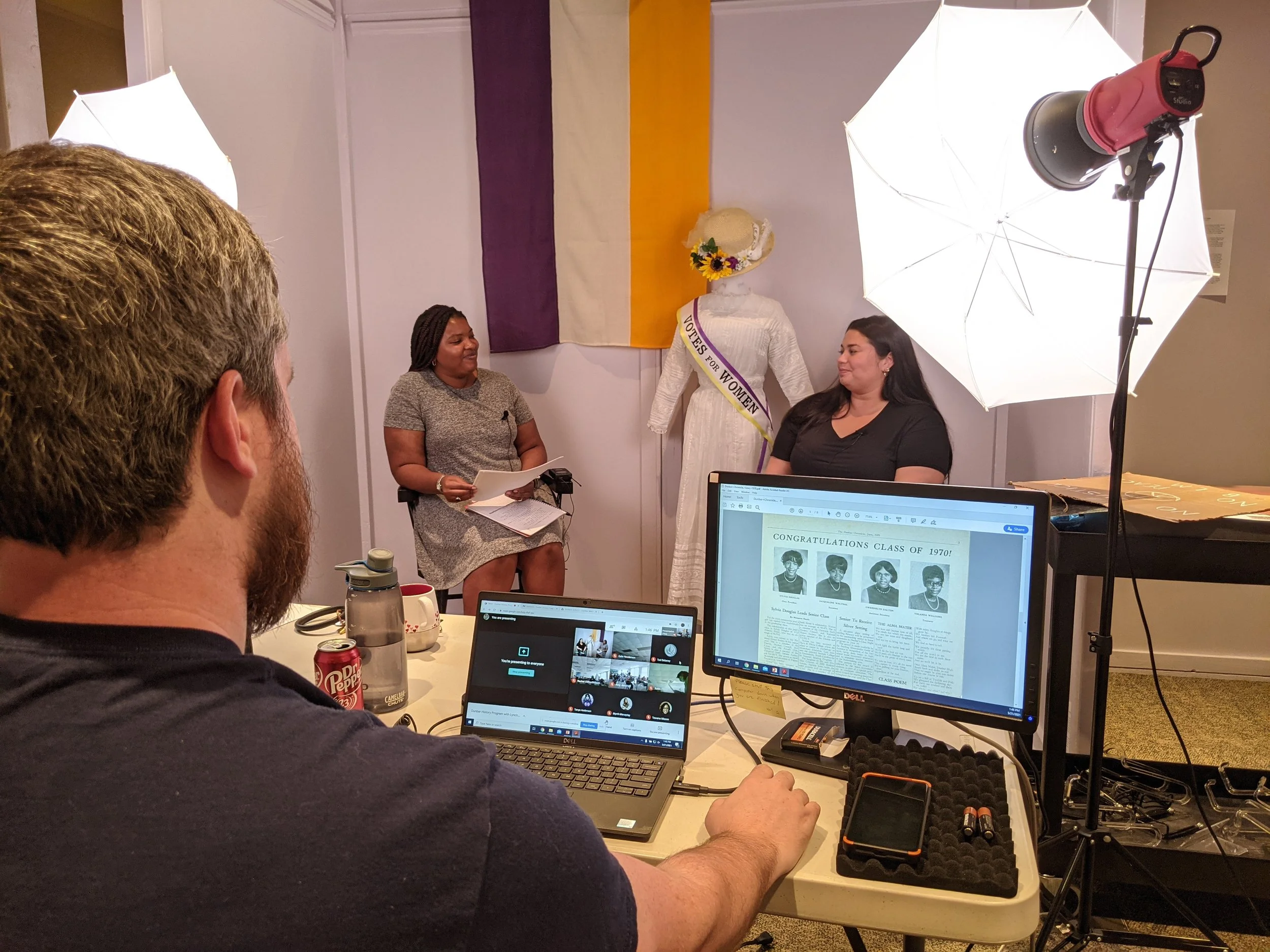  Museum Experience Leader Angelica Walker and Curator Emily Kubota discussed artifacts with students. Assistant Curator Christian Crouch handled the technology. (Lynchburg Museum, 2021) 