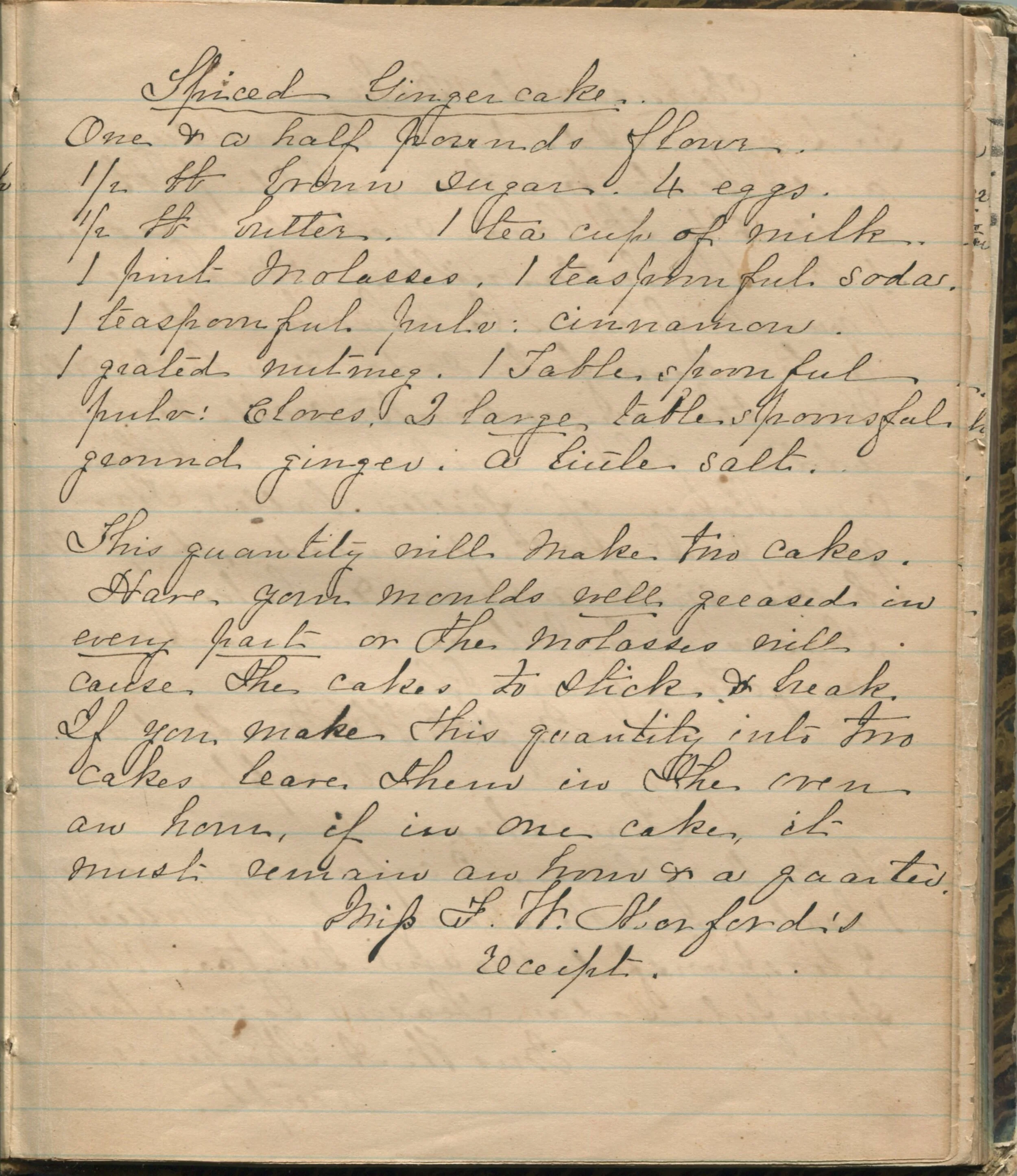  Miss Fanny’s Spiced Gingercake as it appears in Mollie Forsberg’s recipe book, circa 1875 